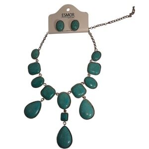 Turquoise Color Statement Necklace & Matching Earrings Set Silver Tone